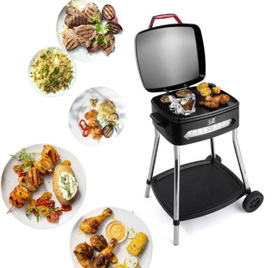 FRITEL BBQ 3278 - Electric Barbecue with Grill Surface, Lid, Wheels - Black, Red