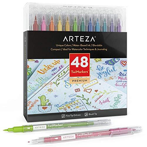 ARTEZA TwiMarkers, 48-delig, Dubbelzijdige twinmarkers met een fijne punt aan de ene kant en een penseelpunt aan de andere, Geschikt voor kleuren, kalligraferen, tekenen, handletteren en schilderen