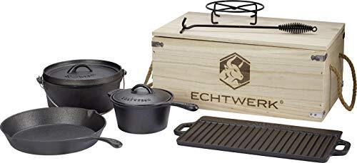 Echtwerk 7-delige Dutch Oven set van gietijzer in houten kist, kookpannenset uit verschillende maten met kookpan, steelpan, grillplaat, pan, deksellifter en onderzetter voor koken en braden