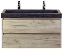 BES LED Dante Badmeubelset 100 cm - Craft Oak - Wastafel Hardsteen Wit Lucca 2 Kraangaten