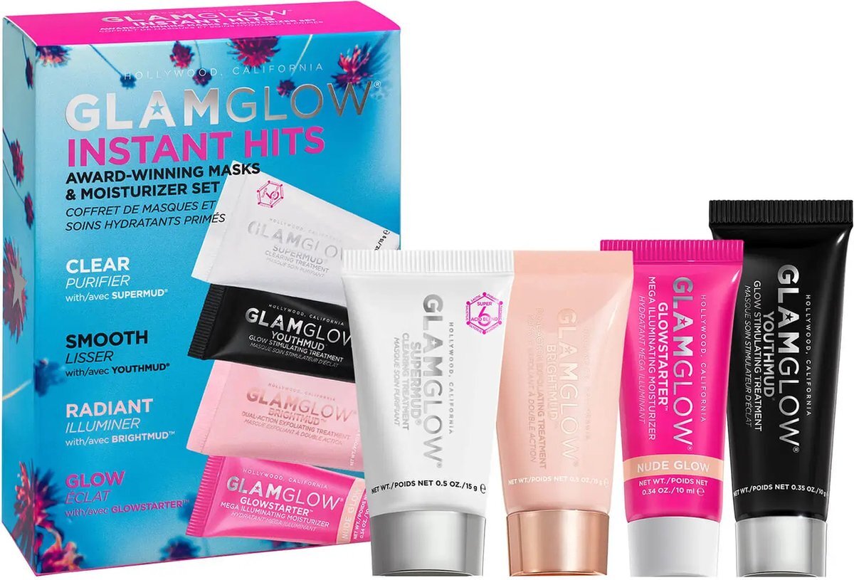 GlamGlow Instant Hits Masks & Moisturizer Set - Supermud-Youthmud-Brughtmud-Glowstarter