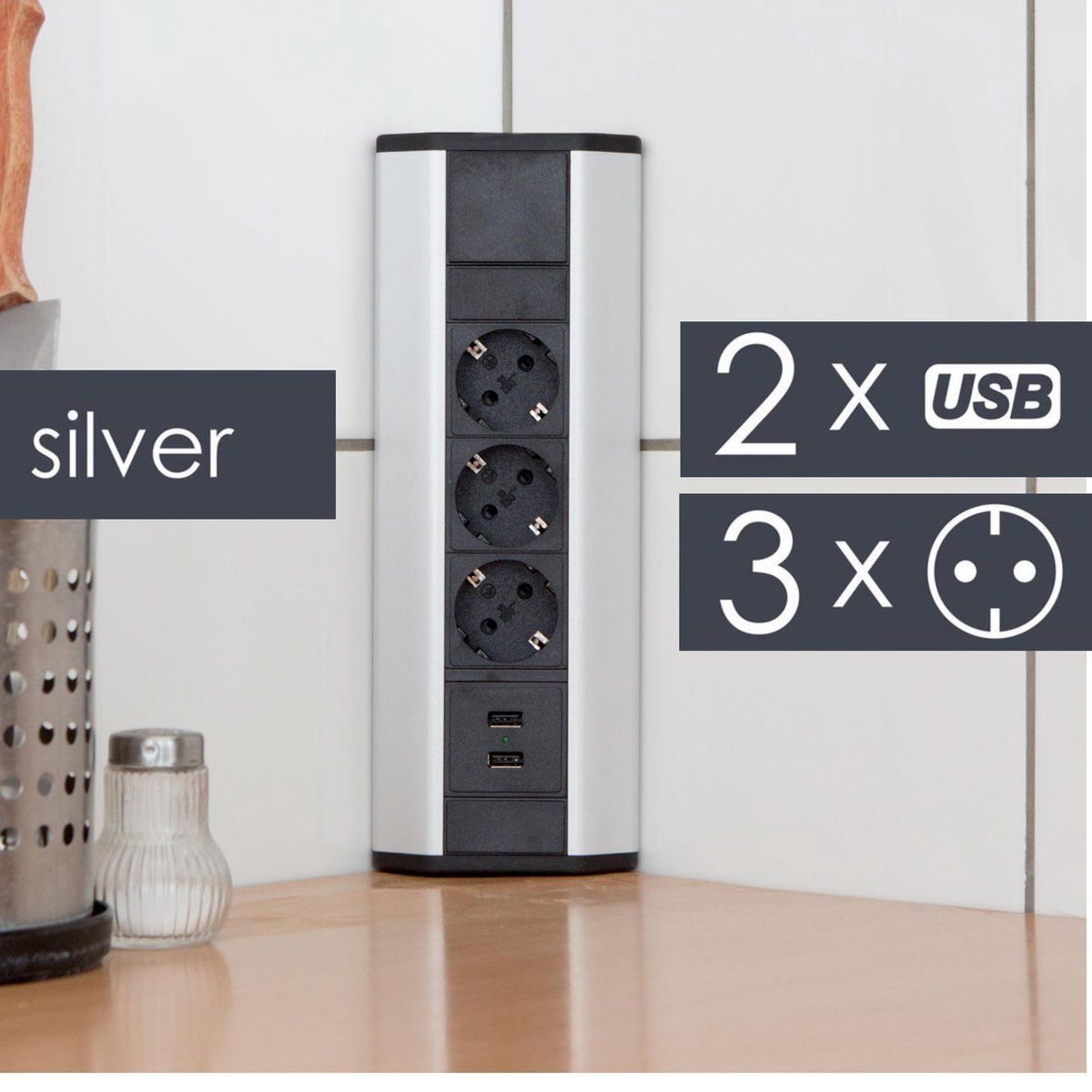 Delight - Inbouw Hoekstekkerdoos met 2X USB en 3 Stopcontacten - Zilver met Zwart