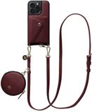 AVY Leren Hoesje geschikt voor Apple iPhone 14 Pro | Met Koord, Wallet en Pouch | Compatibel met MagSafe | Leather Case met 130CM Koord | Long Leather | Burgundy