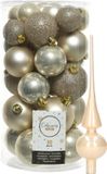 Decoris Kerstballen 31 stuks - Licht Champagne 4/5/6 cm Kunststof Mat/Glans/Glitter Mix en Shiny Glazen Piek 26 cm