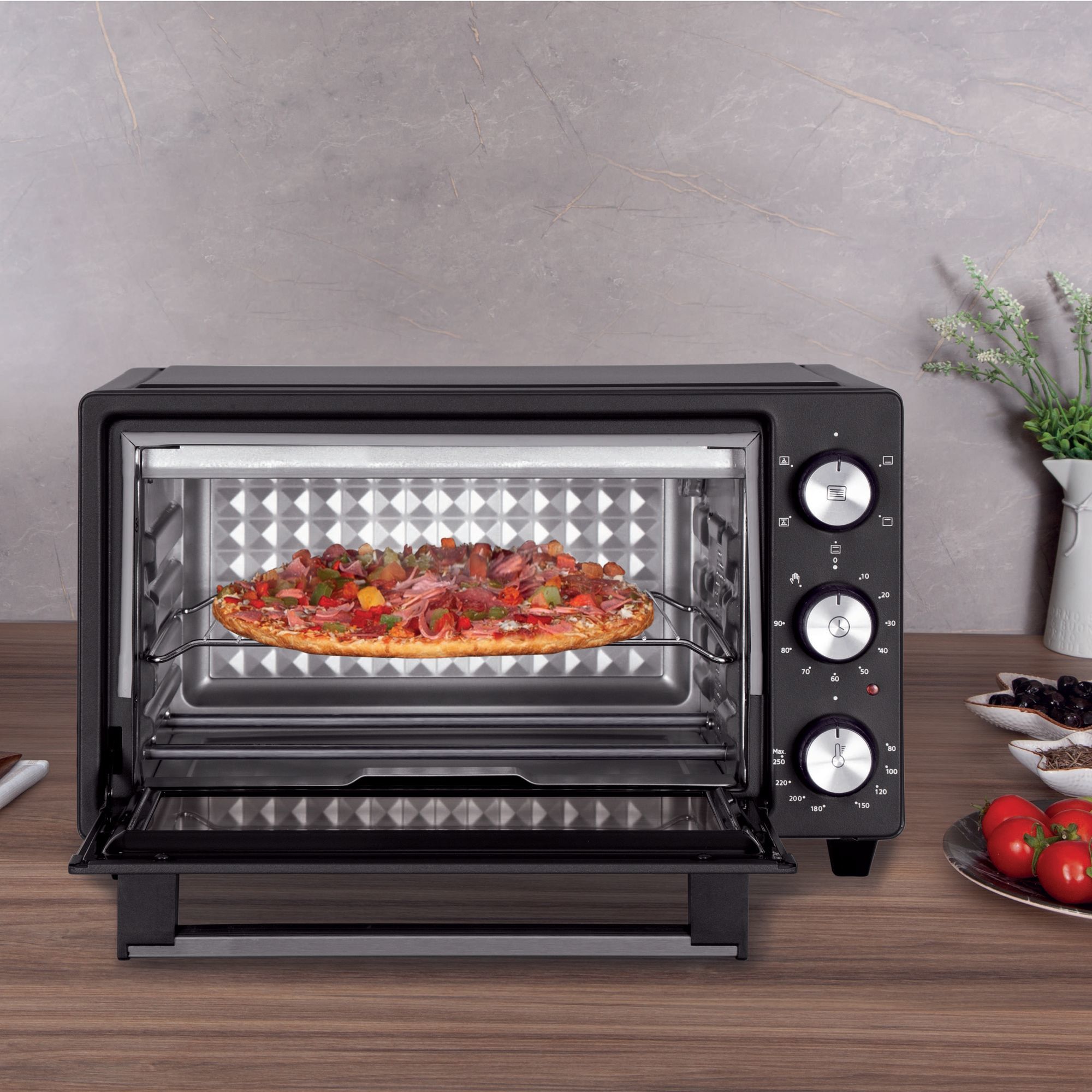 ICQN Mini Four 20 L Chaleur Voûte/inférieure Avec Fonction Chaleur Tournante 5 Fonctions De Grill Minuterie 1500 W Plaque D Mini