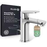 KLUDI-X1 Wastafelkraan met Trekstangafvoer, uitloophoogte 95 mm, waterbesparende badkamerkraan maat M, keramisch binnenwerk, mengkraan voor wastafel incl. aansluitslangen in chroom