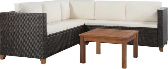 The Living Store Loungeset Rattan - 2-zitsbanken - hoekbank - salontafel - kussens - PE Rattan - Bruin en Cr&#232;mewit - Afmetingen beschikbaar - Levering bevat- 2x tweezitsbank - 1x hoekbank - 1x tafel - 6x kussen - 5x zitkussen - The Living Store