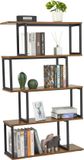 Meerveil Boekenkast, staand rek met 4 niveaus, opbergrek van hout, S-vorm, industrieel design, 74 x 24 x 128 cm, decoratief rek voor planten en boeken, woonkamer, slaapkamer, kantoor, bruin