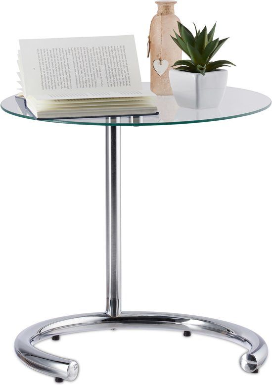 Relaxdays Bijzettafel Hoogte Verstelbaar - Koffietafel Rond - Chroom - Glastafel - Zilver