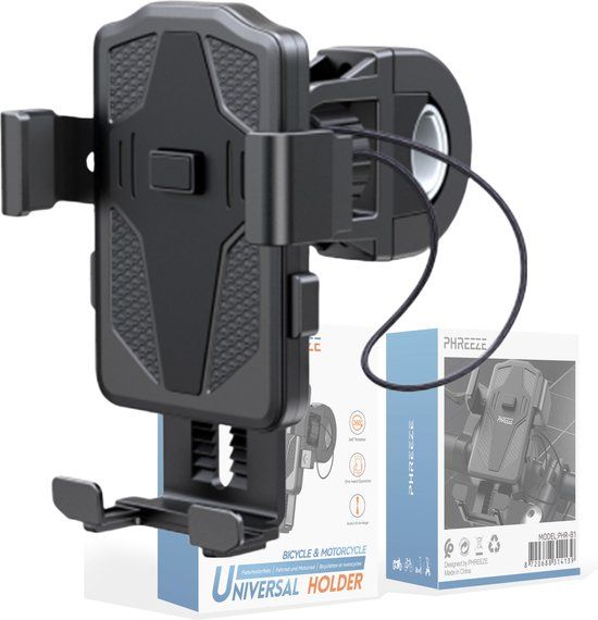 Phreeze Universele Telefoonhouder PHR-B1 voor Motor, Fiets en Scooter - Anti Diefstal - One Click - GSM Houder voor Apple, Samsung, Huawei, Xiaomi t/m 7 inch