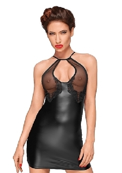 DECADENCE - Wetlook keyhole mini dress with lace embroidery