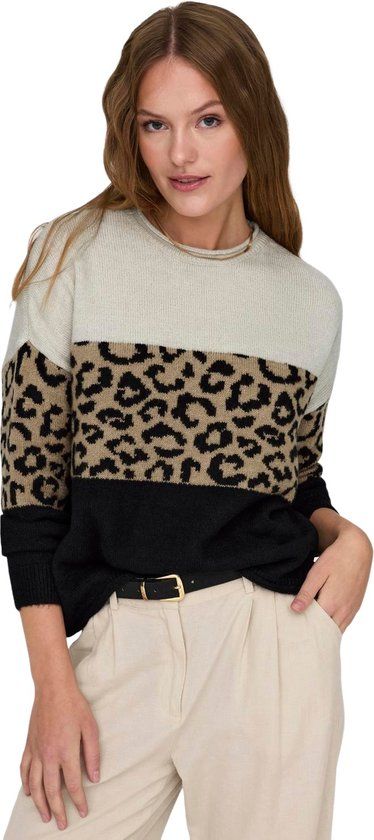 ONLY ONLJADE ANIMAL LS O-NECK KNT Trui Dames - Maat S - Zwart/Ecru/Bruin