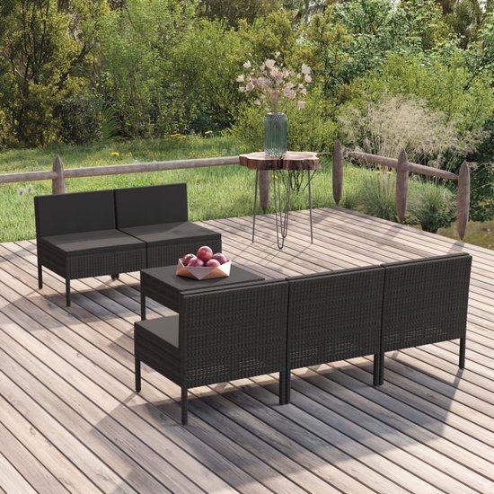 The Living Store Loungeset tuinmeubelen - PE-rattan - zwart - 57x69x69 cm - inclusief kussens