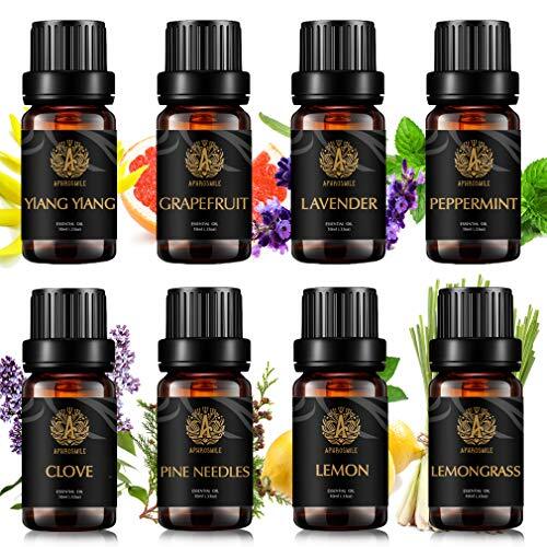 Aphrosmile 100% pure lavendel etherische olie set voor diffuser, aromatherapie citroen etherische olie kit, 8 x 10 ml therapeutische kwaliteit etherische oliën set - pepermunt, dennennaalden, kruidnageloliën. Voor massage