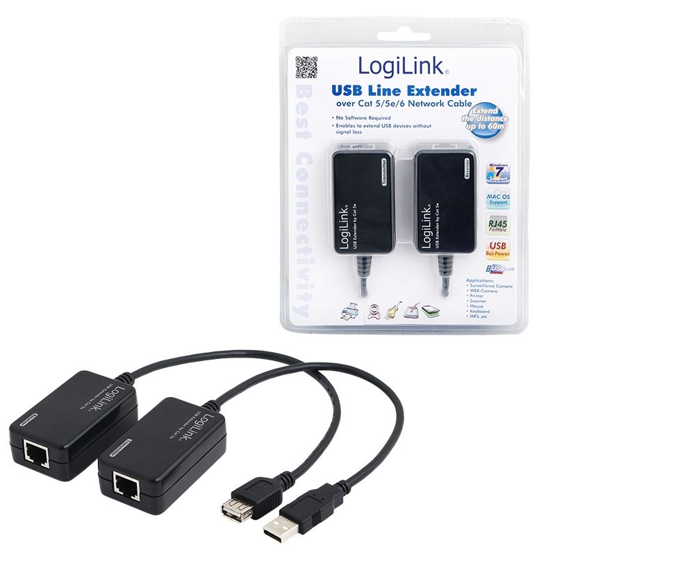 LogiLink Line Extender USB via CAT5/6 - Zwart - 0,3 m
