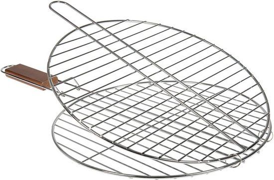 Merkloos Rond BBQ-rooster 38 cm - Verchroomd staal - Acaciahouten handvat