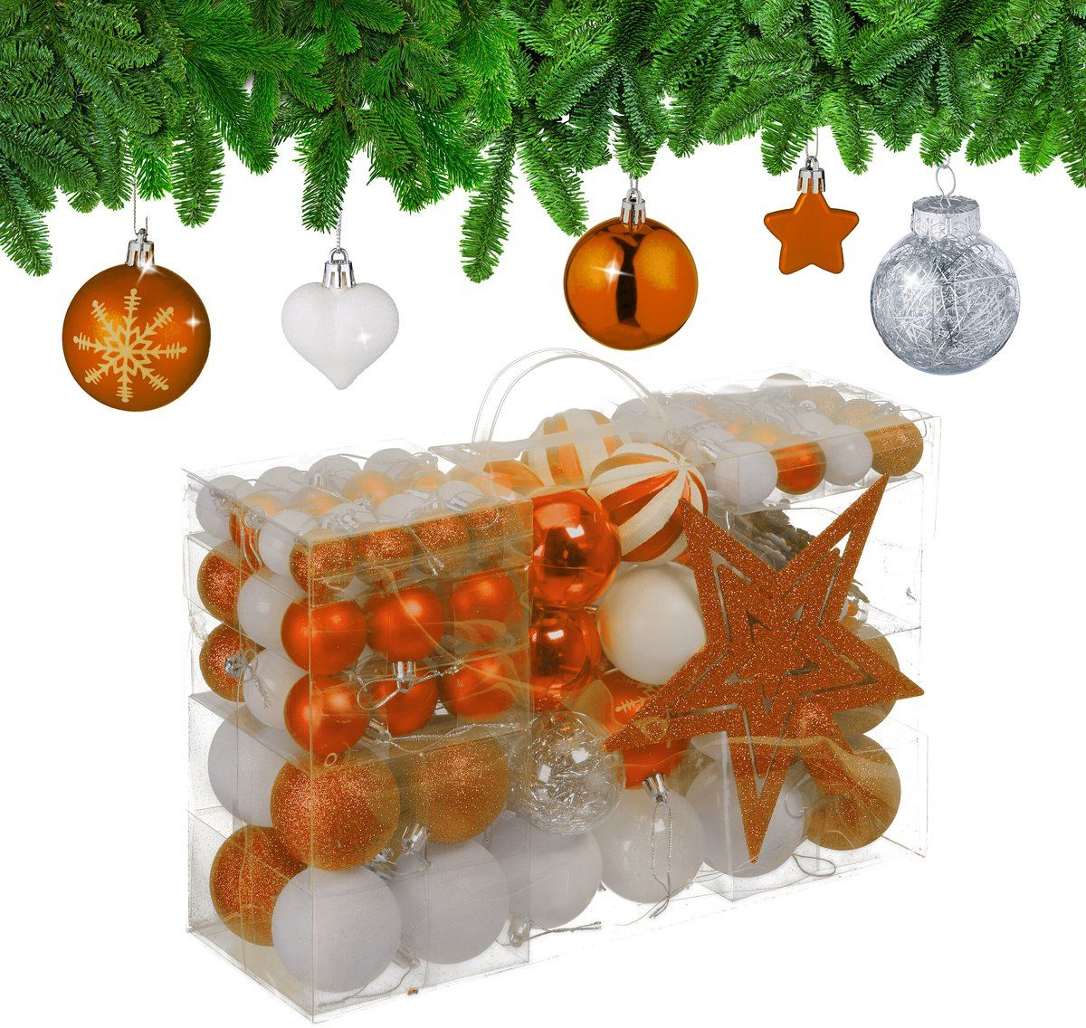 Relaxdays Kerstballen Set van 101, plastic, onbreekbaar, diverse maten, oranje/wit kerstboomversiering