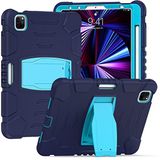 Hoes voor iPad Pro 12,9 inch 2021/2020/2018 (5/4/3 generatie) met potloodhouder, robuuste schokbestendige beschermhoes met verborgen beugel, marineblauw + blauw