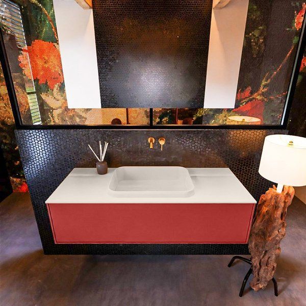 Mondiaz ERIN 120cm badmeubelset onderkast kleur Fire met 1 lade Wastafel RIDGE midden zonder kraangaten kleur Linen ERIN12589