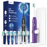 Elektrische sonische tandenborstel voor heren en dames, met 8 koppen, sonische tandenborstel voor volwassenen, met reisetui, 5 modi, waterdicht IPX7, ultrasone tandenborstels, paars