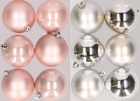 Merkloos / Sans marque Kaemingk B.V. 12x stuks kunststof kerstballen mix van lichtroze en zilver 8 cm