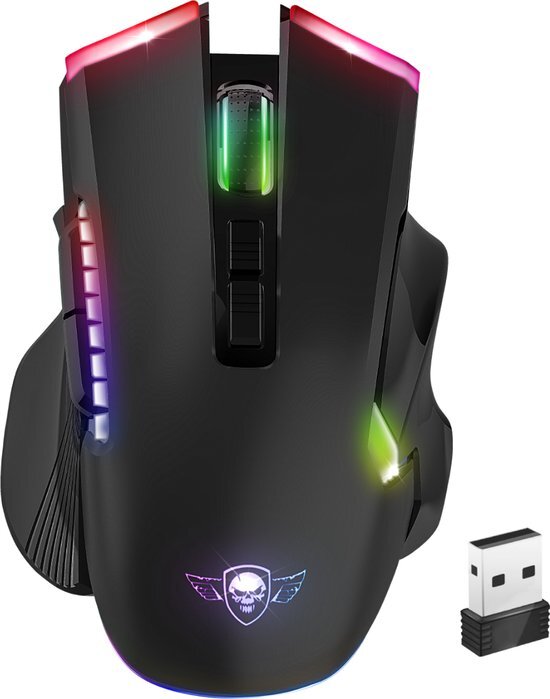 Spirit of Gamer - Draadloze gaming-muis, oplaadbaar, Elite M70 – 8 programmeerbare toetsen – RGB-achtergrondverlichting – ergonomische gamingmuis met duimsteun – optische sensor 4800 DPI