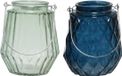 Decoris Set van 2x stuks theelichthouders/waxinelichthouders ruit/streep glas donkerblauw en mistgroen met metalen handvat 11 x 13 cm