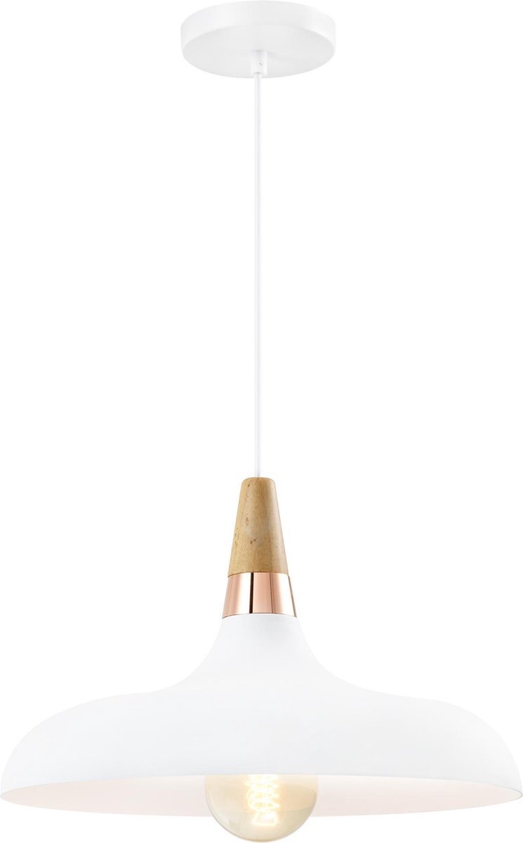 QUVIO Hanglamp retro - Lampen - Plafondlamp - Verlichting plafondlampen - Keukenverlichting - Lamp - Simplistisch laag design - E27 Fitting - Voor binnen - Met 1 lichtpunt - Aluminium - Hout - D 30 cm - Wit