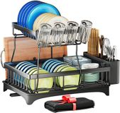 Shenzhen Haorui Industrial Technology Co., Ltd. Égouttoir, égouttoir détachable à 2 niveaux et ensemble d'égouttoir, égouttoir de grande capacité et porte-ustensiles de cuisine, avec tapis de séchage supplémentaire, noir
