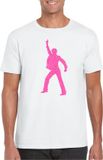Bellatio Decorations Verkleed T-shirt heren - disco - wit - roze glitter - jaren 70/80 - carnaval S