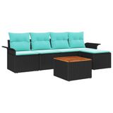 vidaXL Tuinbank - Set - 6 - st - Zwart - en - Turkoois - poly - rattan