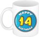 Bellatio Decorations Verjaardag cadeau mok - 14 jaar - blauw - 300 ml - keramiek