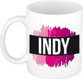 Bellatio Decorations Indy naam cadeau koffie mok - beker - met roze verfstrepen - Cadeau collega - moederdag - verjaardag - juf - coach - 300 ml - wit
