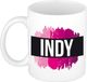 Bellatio Decorations Indy naam cadeau koffie mok - beker - met roze verfstrepen - Cadeau collega - moederdag - verjaardag - juf - coach - 300 ml - wit