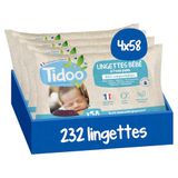 TIDOO - Reinigingsdoekjes met zuiver water - Zachte en zeer resistente babydoekjes - Composteerbare reinigingsdoekjes zonder allergenen - Babyverzorging voor normale en gevoelige huid - 4 x 58