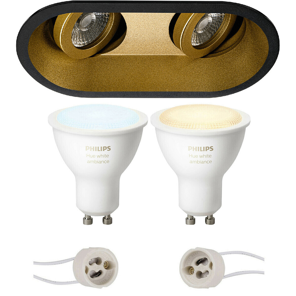 BES LED Pragmi Zano Pro - Inbouw Ovaal Dubbel - Mat Zwart/Goud - Kantelbaar - 185x93mm - Philips Hue - LED Spot Set GU10 - White Ambiance - Bluetooth