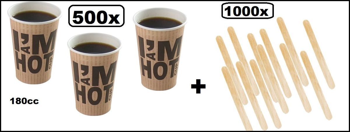 Themaparty 500x Koffiebeker I am Hot 180cc + 1000x roerstaafjes hout