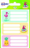 AVERY Zak met 15 etiketten voor schoolmateriaal, tropisch design: flamingo, watermeloen en ananas, 76 x 34 mm, meerkleurig