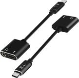 Merkloos USB Type C audio- en oplaadadapter naar USB-C en 3,5 mm Female jack Zwart