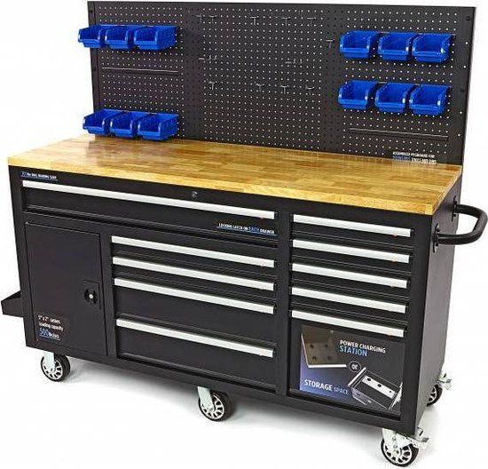 HBM Werkbank met deur en achterwand 10 laden 158 cm zwart