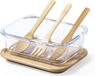 Merkloos Lunchbox - glas - bamboe deksel - met bestek - 17 x 13 x 7 cm