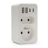 Voorzijde Bi-Lite Voorzijde biplite 2 stopcontacten 16A + 6A Franse standaard met 2 USB-A-aansluitingen en 2 USB-C-aansluitingen. 6-in-1 stekkerdoos
