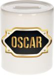 Bellatio Decorations Spaarpot met voornaam Oscar - wit - met goud/zwart embleem - 8 x 9 cm - keramiek - met afsluitdop - cadeau verjaardag