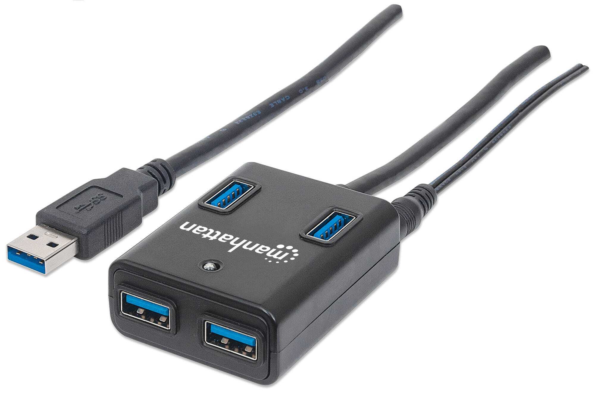 MANHATTAN USB-A 4-Port Hub, 4x USB-A Ports, 5 Gbps (USB 3.2 Gen1), AC or Bus Power, Fast charge up to 0.9A per port with inc power adapter, Black, Blister (With Euro 2-pin plug)