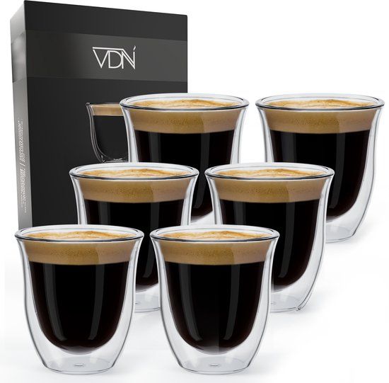 VDN Dubbelwandige theeglazen koffieglazen - Cappuccino glazen - Warme en koude dranken koffietassen dubbelwandig - 250 ML - Set van 6