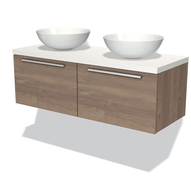 Maxaro Badkamermeubel Modulo Plato 120cm Middenbruin Eiken 2 Lades Vlak Mat Wit