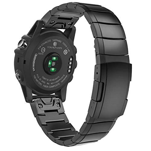 MoKo Watch Strap Fit Garmin Fenix 3/3 HR/6X Pro/6X/Quatix 6X Solar/5X Plus/5X/Enduro/Descent Mk2i/Mk2/Mk1/Tactix Bravo/Charlie/Delta, Quick Fit Stainless Steel Wristband Replacement Wacth Band, Black