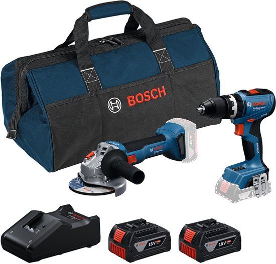 Bosch Professional 18V Toolkit - GWS 18V-8 + GSB 18V-65 + 2x GBA 18V 4.0 Ah + GAL 18V-40 lader