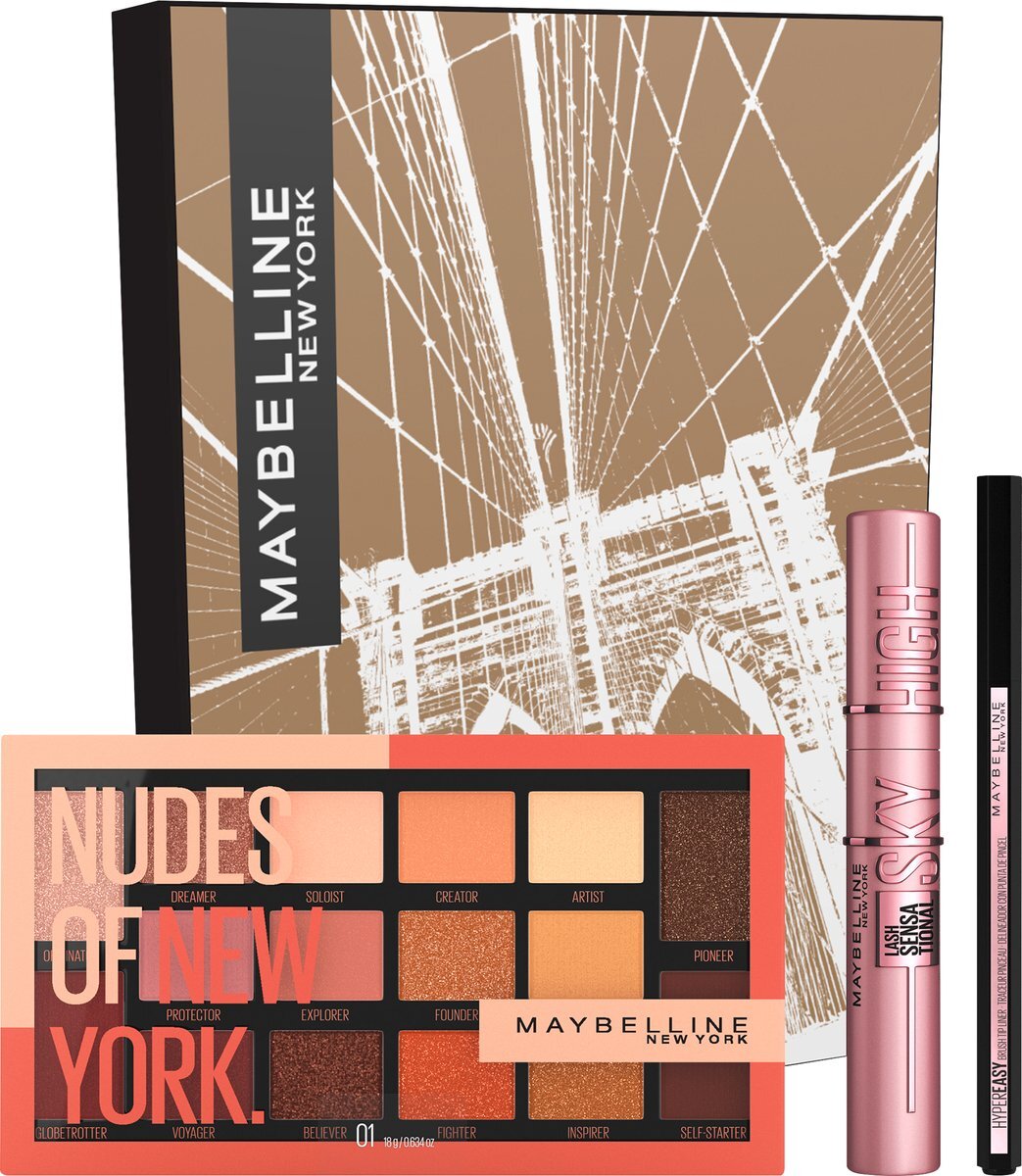 Maybelline New York Oogmake-up set met Sky High, Hyper Easy Liner en Nudes of New York oogschaduwpalet