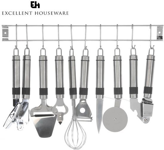 Excellent houseware 9-delige keukenset - Met wandstang - Keukenrek - RVS